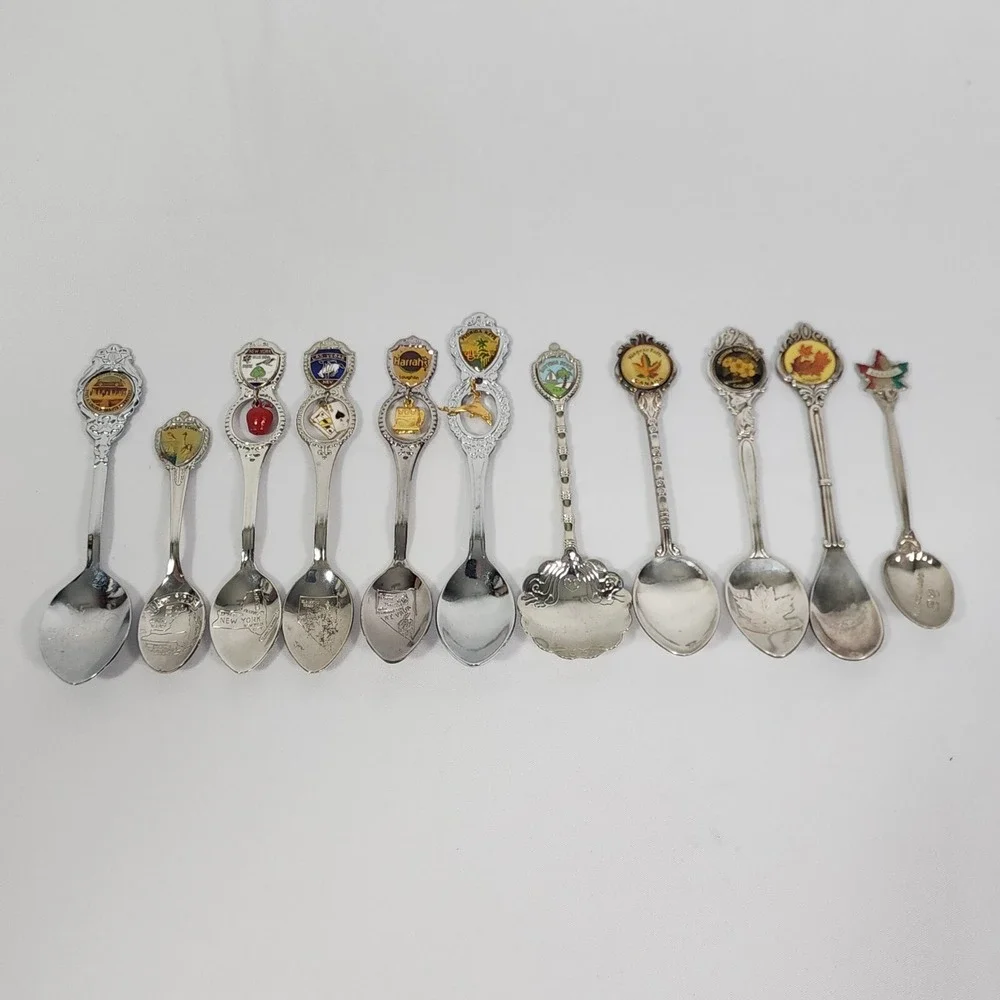 12 Souvenir Spoons Multiple City States NY NV FL Canada Custer House Dakota Terr